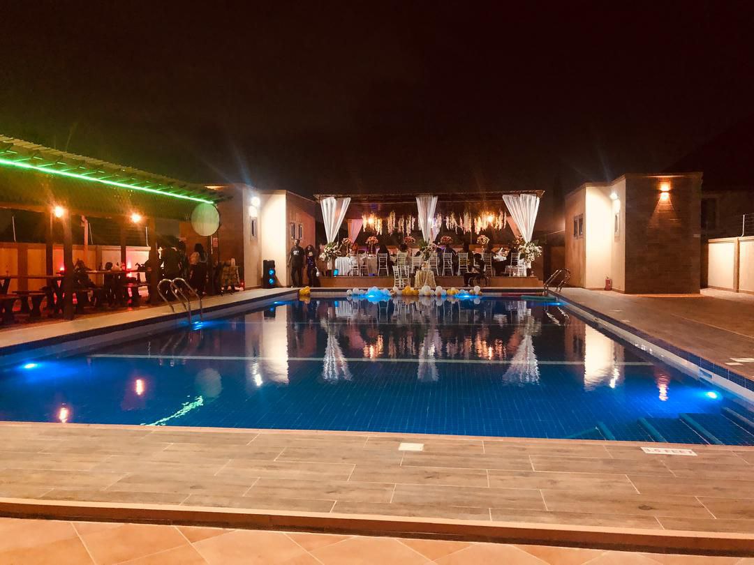Well-lit event space at night